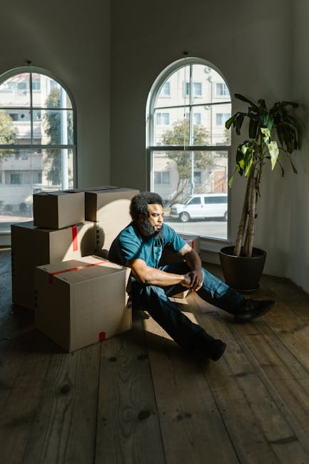 A man with medium skin tone and curly black hair sits on a wooden floor inside a room with large, arched windows that allow natural daylight to illuminate the space. He is dressed in a blue T-shirt and dark pants, and appears to be resting or waiting amidst several cardboard moving boxes of varying sizes, some of which have red packing tape. The boxes are stacked or placed nearby, indicating the process of packing or unpacking during a home relocation. A tall potted plant with broad green leaves is positioned against the wall next to the windows. The room has a minimalist appearance with clean white walls, and the natural light from outside highlights the details of the scene. This setting reflects the interior environment during a furniture transport or packing and moving operation, and illustrates part of the logistics involved in a house removal, a service offered by Man with Van Upper Norwood.